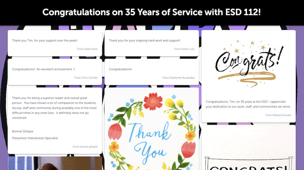 Happy work anniversary card example from Kudoboard featuring congratulatory posts and GIFs